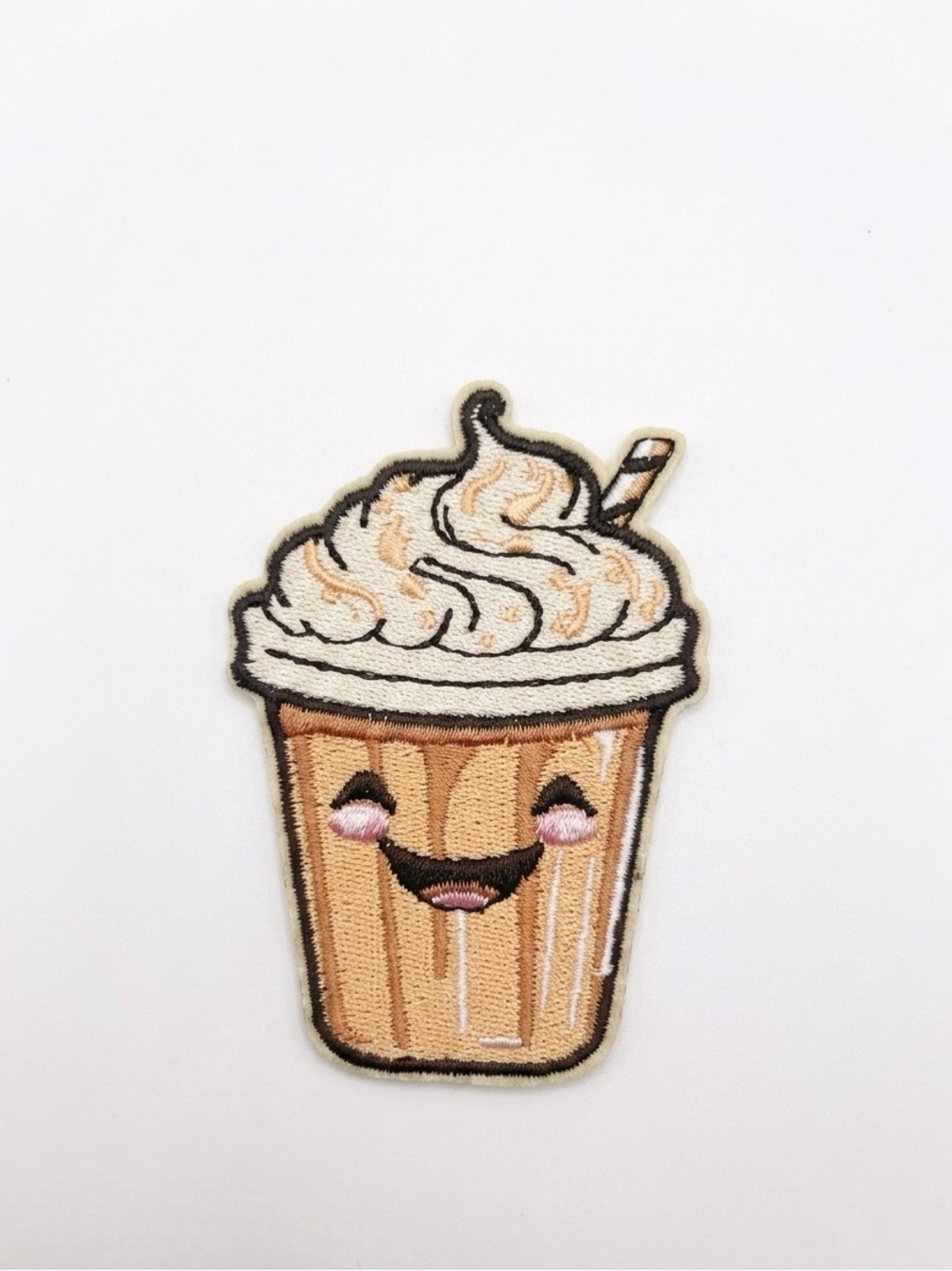Smiling Frosted Coffee Cup Iron on Patch - Beige & Cream